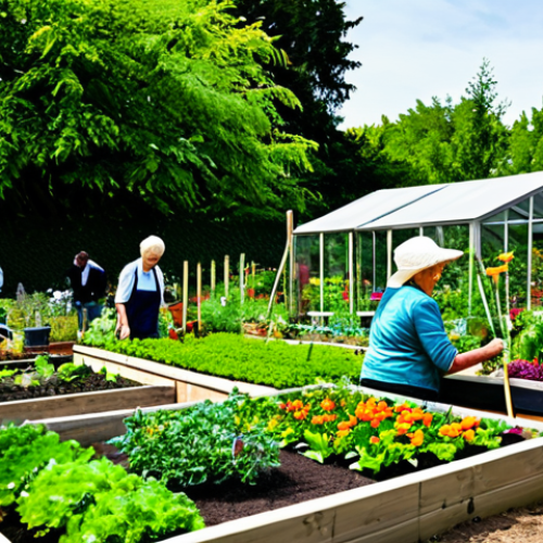 A vibrant community garden scene, bustling with a diverse group of people of various ages, fully clothed in modest, practical attire suitable for gardening. Individuals are seen actively collaborating, sharing tools, and tending to lush vegetable patches and colorful flowers under bright natural light. The atmosphere is joyful and collaborative, with expressions of shared learning and camaraderie. The background features thriving plants, simple garden structures, and hints of an urban residential area. Professional photography, high resolution, soft natural light, perfect anatomy, correct proportions, natural pose, well-formed hands, proper finger count, natural body proportions, safe for work, appropriate content, fully clothed, family-friendly.