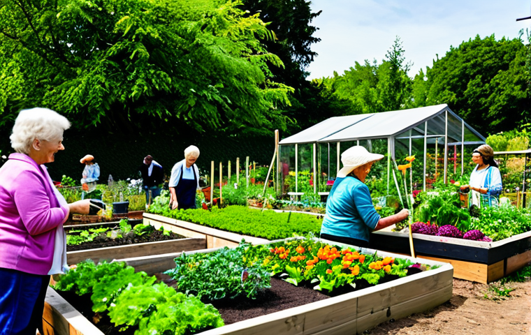 A vibrant community garden scene, bustling with a diverse group of people of various ages, fully clothed in modest, practical attire suitable for gardening. Individuals are seen actively collaborating, sharing tools, and tending to lush vegetable patches and colorful flowers under bright natural light. The atmosphere is joyful and collaborative, with expressions of shared learning and camaraderie. The background features thriving plants, simple garden structures, and hints of an urban residential area. Professional photography, high resolution, soft natural light, perfect anatomy, correct proportions, natural pose, well-formed hands, proper finger count, natural body proportions, safe for work, appropriate content, fully clothed, family-friendly.