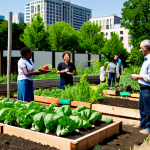 A diverse group of adults, fully clothed in modest, professional dress suitable for gardening, cultivating a vibrant urban community garden. They are smiling, sharing tips, and collaboratively harvesting fresh, healthy vegetables and herbs. The garden features lush, green plants in well-maintained raised beds under natural sunlight, with subtle, modern city buildings in the background. Professional photography, high-resolution, perfect anatomy, correct proportions, natural pose, well-formed hands, proper finger count, natural body proportions, safe for work, appropriate content, family-friendly.