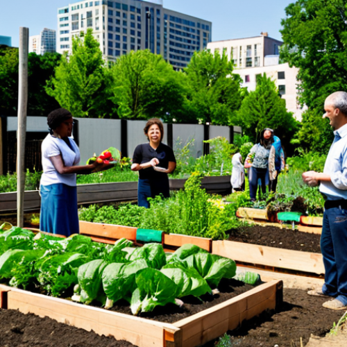 A diverse group of adults, fully clothed in modest, professional dress suitable for gardening, cultivating a vibrant urban community garden. They are smiling, sharing tips, and collaboratively harvesting fresh, healthy vegetables and herbs. The garden features lush, green plants in well-maintained raised beds under natural sunlight, with subtle, modern city buildings in the background. Professional photography, high-resolution, perfect anatomy, correct proportions, natural pose, well-formed hands, proper finger count, natural body proportions, safe for work, appropriate content, family-friendly.
