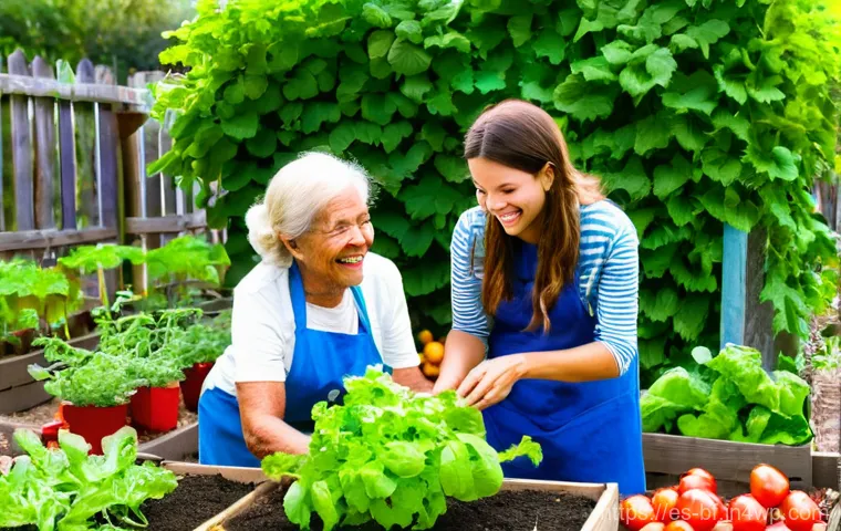 성공적인 커뮤니티 가든 운영 사례 분석 - **Prompt:** A vibrant and diverse community garden on a sunny day in an urban setting. Focus on illu...