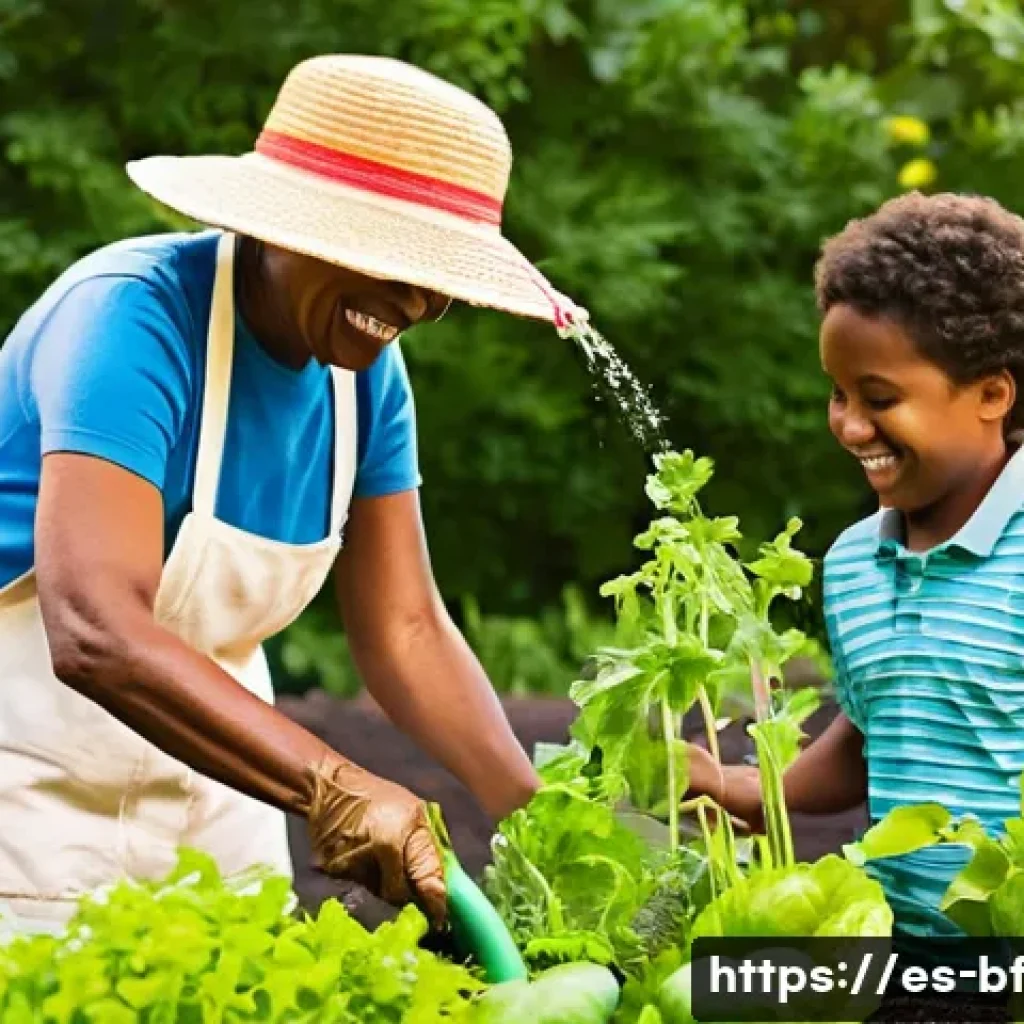커뮤니티 가든의 프랜차이즈 모델 - **Prompt:** A vibrant, sun-drenched community garden alive with diverse activity. An elderly woman, ...