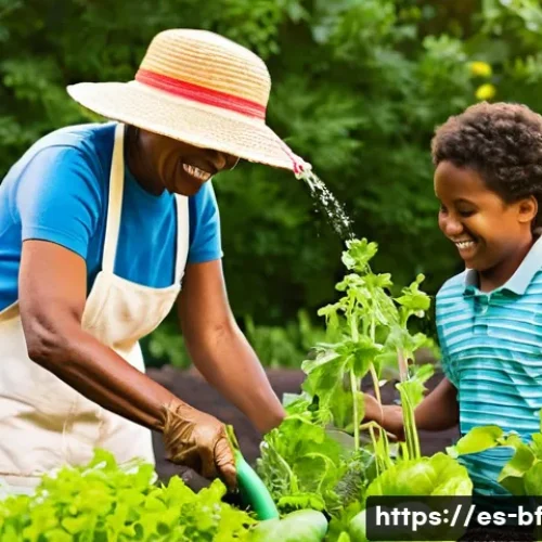 커뮤니티 가든의 프랜차이즈 모델 - **Prompt:** A vibrant, sun-drenched community garden alive with diverse activity. An elderly woman, ...