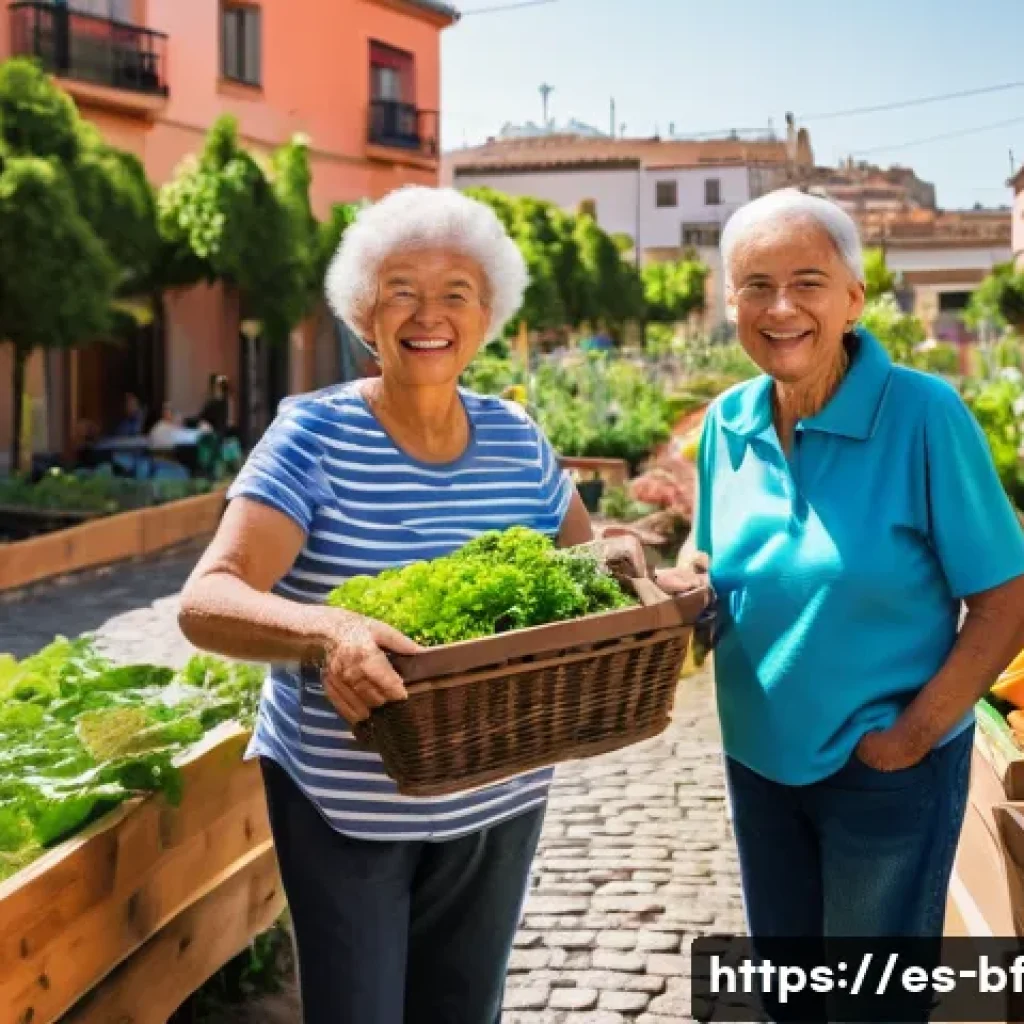 커뮤니티 가든 운영을 위한 인센티브 제공 - A vibrant community garden scene in a sunny urban neighborhood in Spain, showing diverse people of a...