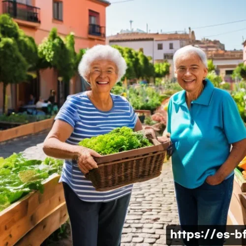 커뮤니티 가든 운영을 위한 인센티브 제공 - A vibrant community garden scene in a sunny urban neighborhood in Spain, showing diverse people of a...