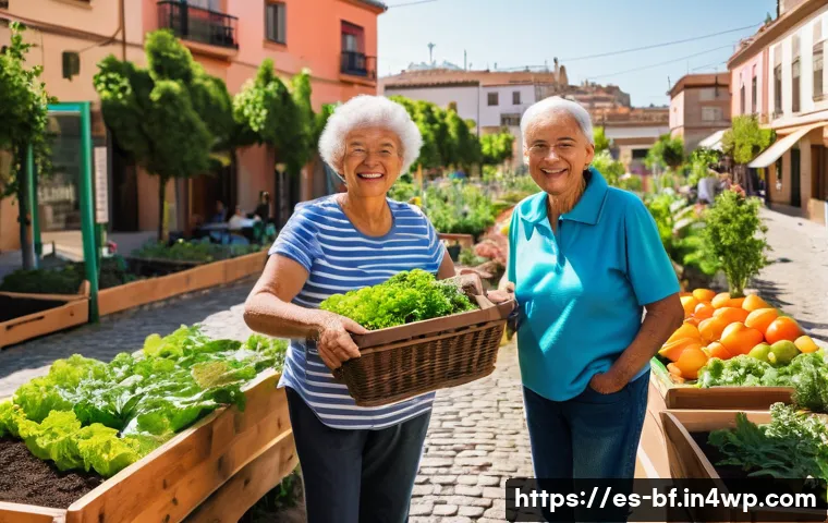 커뮤니티 가든 운영을 위한 인센티브 제공 - A vibrant community garden scene in a sunny urban neighborhood in Spain, showing diverse people of a...