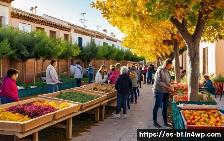 커뮤니티 가든의 방문객 유치 전략 - A vibrant community garden during an Autumn Harvest Festival in a sunny urban neighborhood in Spain,...
