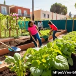 커뮤니티 가든의 교육 프로그램 구성하기 - A vibrant community garden scene set in a sunny urban neighborhood in Spain, showing diverse partici...