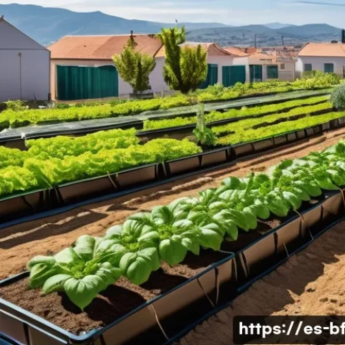 친환경 커뮤니티 가든 운영 노하우 - A vibrant community garden scene in a sunny urban neighborhood in Spain, featuring neatly arranged r...