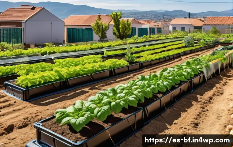 친환경 커뮤니티 가든 운영 노하우 - A vibrant community garden scene in a sunny urban neighborhood in Spain, featuring neatly arranged r...