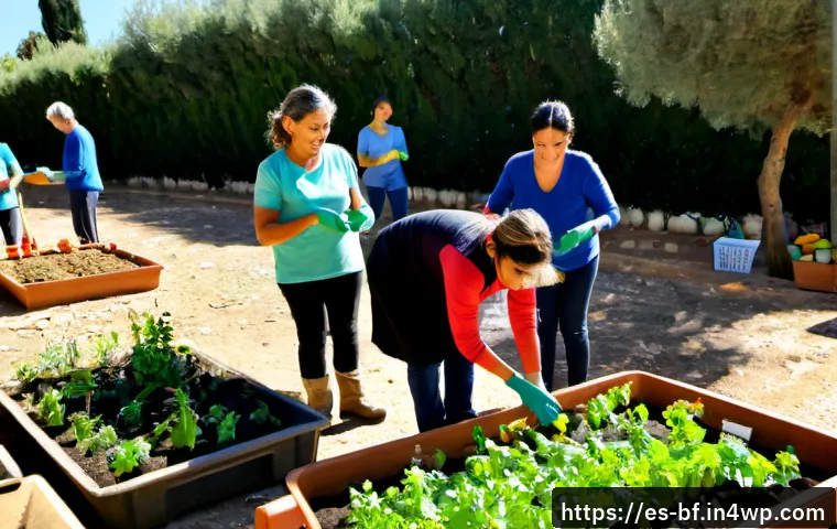 커뮤니티 가든 운영을 위한 팀 빌딩 전략 - Photorealistic community garden team-building workshop in a sunny Spanish neighborhood, diverse adul...