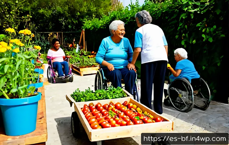 커뮤니티 가든에서의 다양성 및 포용성 증진 - Photorealistic community garden in a warm Spanish-speaking neighborhood, diverse group of adults and...