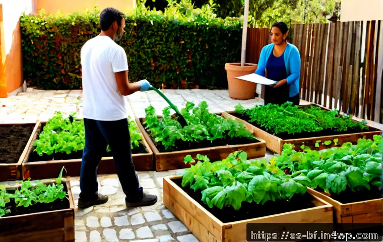 Home 17 커뮤니티 가든 소속 구성원 간의 역할 분담 - Photorealistic community garden in a Spanish-speaking urban neighborhood, diverse adult volunteers c...